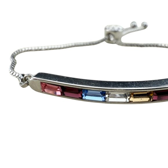 Adjustable Silver-Tone Box Chain Bracelet With Multi-Colored Glass Stones - Picture 3 of 7